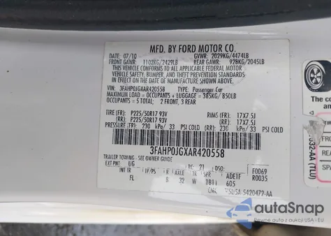 2010 Ford Fusion Sel z USA, uszkodzony, nr VIN 3FAHP0JGXAR420558